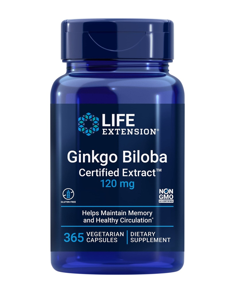 Extensia de viaţă Ginkgo Biloba Extract certificatTM, 120 mg, ajută la menţinerea memoriei şi cogniţiei, gluten-free, non-GMO, vegetarian, 365 capsule
