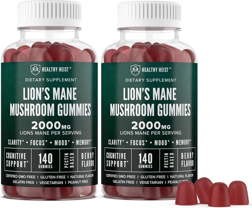 Lions Mane Gummie de ciuperci pentru adulți, 280 Count Bulk Mane Chewables, Potență mare 10:1 Extract organic se ridică la 2000mg, Suplimentul susține Claritatea mintală, Focus, Mood și ceața creierului, 2 Pack