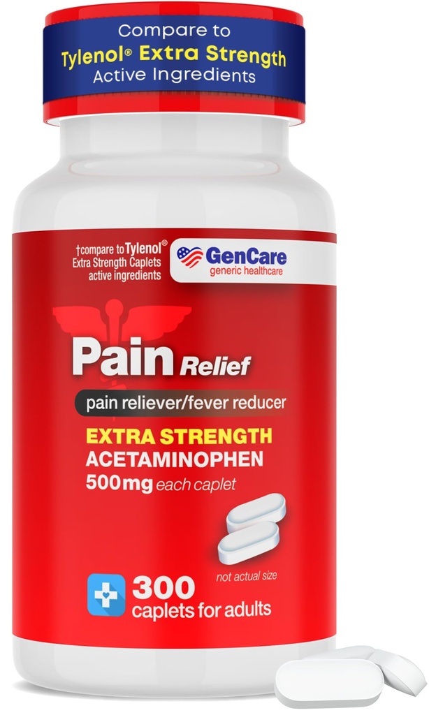 GenCare - Acetaminofen 500mg Extra Putere Durere Relief (300 Caplete) - Multi Simptom Durere Reliever pentru dureri de cap, Sinus, Artrită, dureri de spate dureri musculare Dureri, dureri de dinți, Reducator de febră, Migrenă