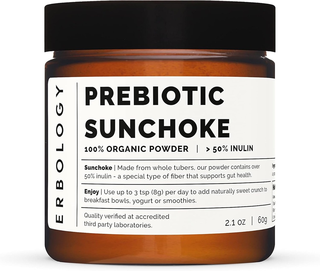 Erbology Organic Sunchoke Powder 2.1 oz - 30 Servings - 50% Prebiotic Inulin Fiber - Sprijină Gut Health și promovează Diverse Microbiome - Hraneste Bacteria buna - Vegan - Gluten-Free - OMG-free