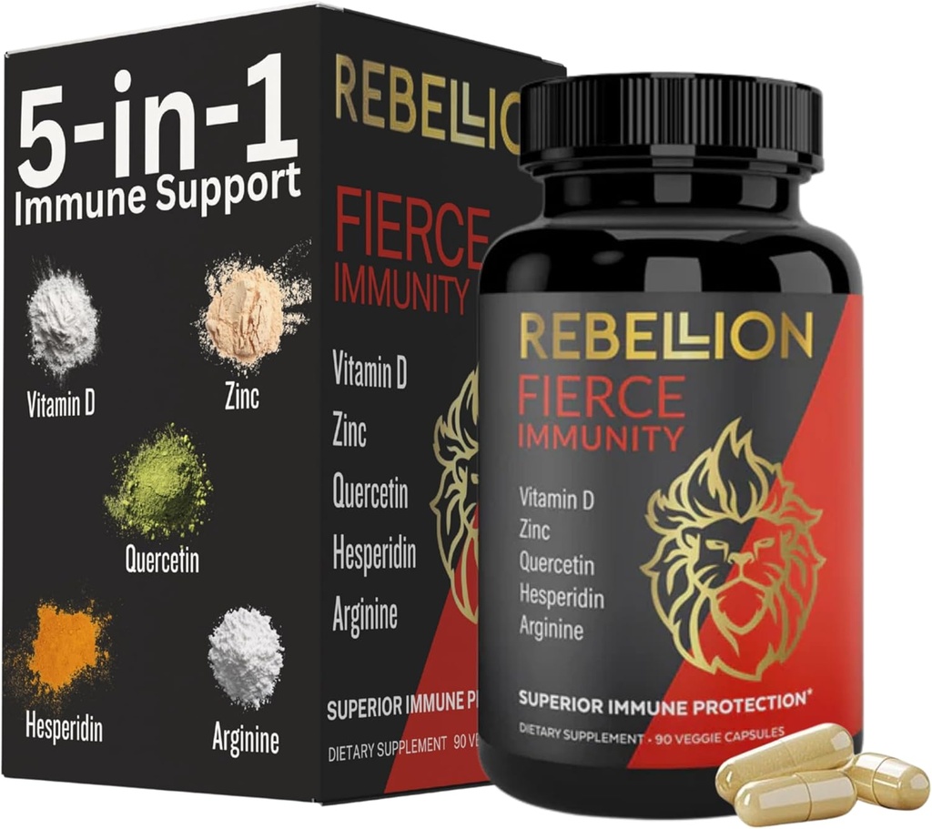 5-in-1 Suplimentul pentru imunitatea fioroasă, Suplimentul pentru suport imunitar şi boostere pentru adulţi, Vitamina C, Querbetin, Vitamina D, Zinc, L-Arginină, Hesperidin, Suport pentru imunitate, 90 capsule (1 lună de aprovizionare)
