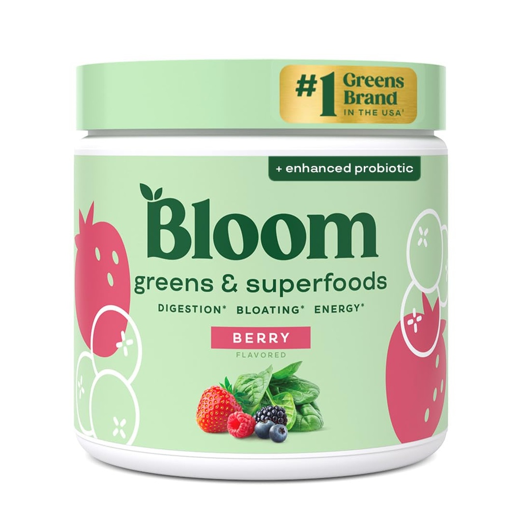 Bloom Nutrition Superfood Greens Powder, Enzime digestive cu Probiotice si Prebiotice, Sanatate Inghititoare, Relief Blooting pentru femei, Chlorella, Green Juice Mix cu Root Powder, 30 SVG, Berry