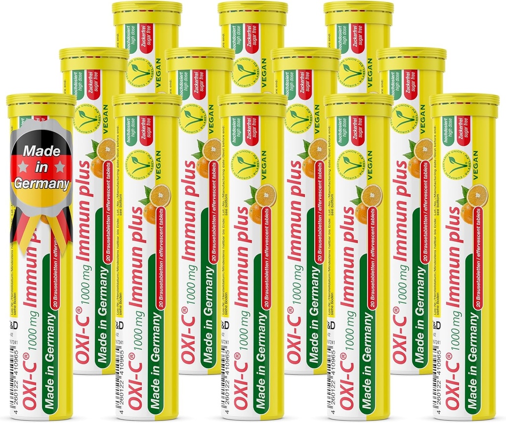 T&D Oxi C 1000 mg Vitamina C - 240 Vegan Drink Efervescent Tablets - Orange Flavor - Made in Germany