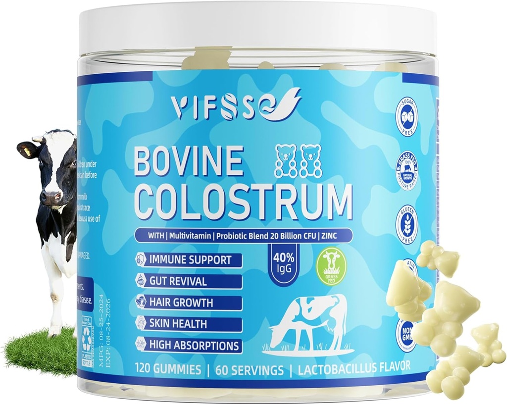 Iarbă Fed Colostru Supliment 2000mg, 120 Gume de zahăr Gratuit 40% IgG bovine Colostru Gumies + Probiotic, Multivitamine Etc pentru Suport Imun, Suport Gut, Păr & Piele