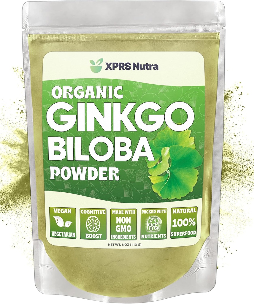 XPRS Nutra Organic Ginkgo Biloba pulbere - Gingko Biloba Suplimente pentru cogniție - Vegan prietenos Ginkoba Biloba Organic - Imunitate Boosting Ginkgo Biloba pulbere (8 oz)