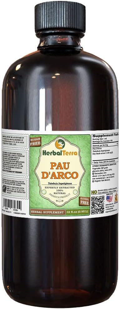 PAU d'arco (Tabebuia Impetiginosa) Glicerite, Extract lichid fără alcool din barcă uscată (Brand Name: HerbalTerra, Proudly Made in USA) 32 fl.oz (0,95 l)