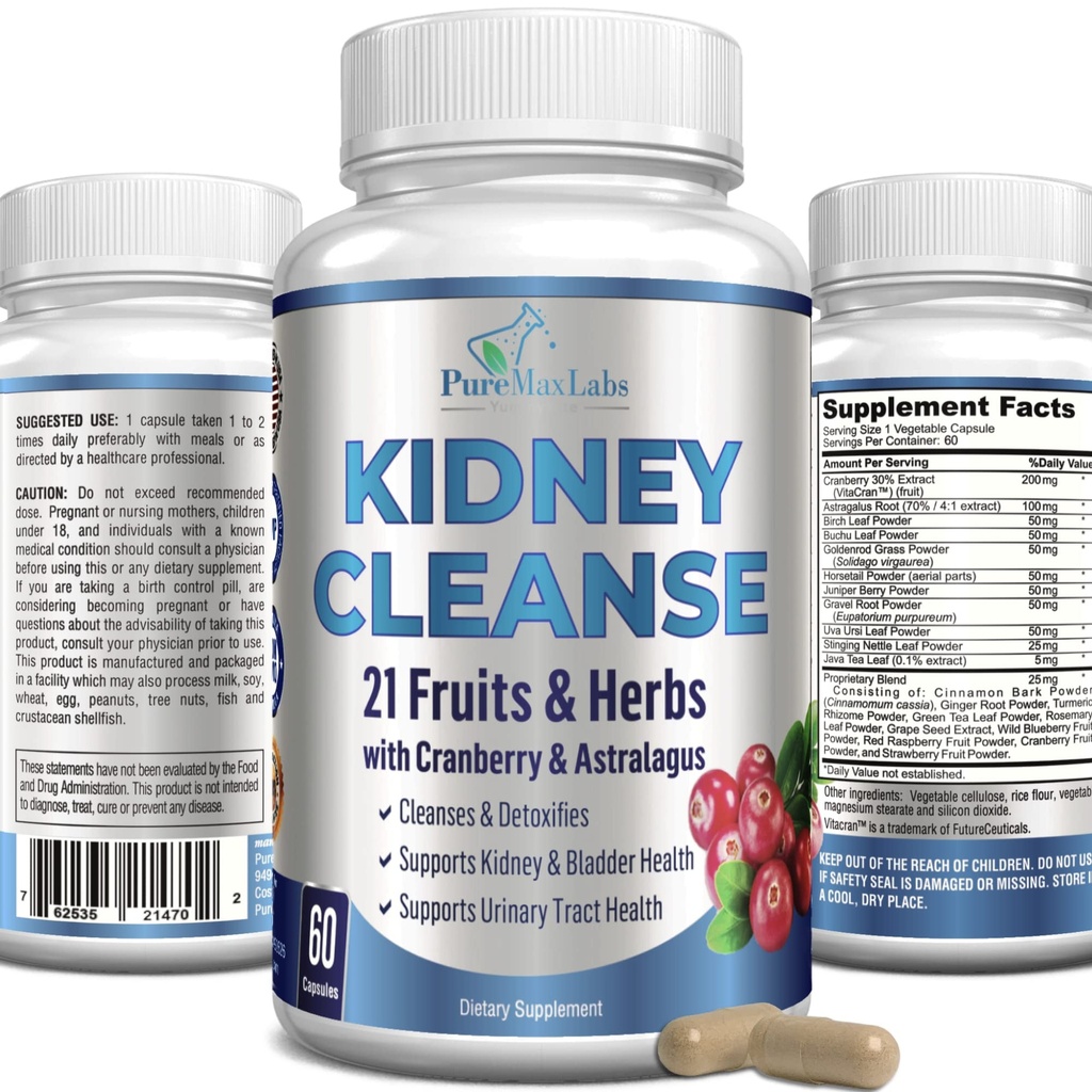 Herbal Rinichi Curățare cu extract de afine, Astralagus - 21 Fructe și plante aromatice - Detox & Curățare Tract urinar & Bladder Sănătate, Asistență renală, 60 capsule Vegan