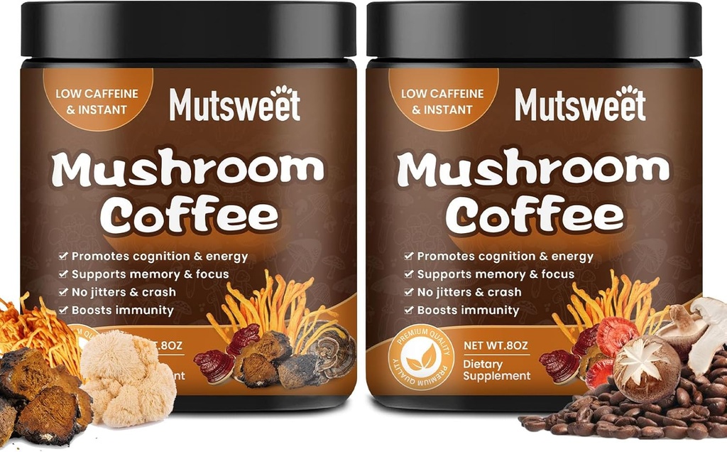 (2 Pack) Cafea de ciuperci pentru piureuri / Latte, Mushroom Powder Blend (57 Servings) cu Lions Mane, Reishi, Cordyceps, Turcia Tail, Chaga - Mushroom Supplement for Energy, Focus, Immune- 8 oz