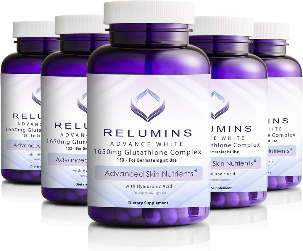 Relumins 1650 mg L-Glutathione Complex cu acid hialuronic, acid alfa lipoic, Rose HIPS, vitamina E & Riboflavină, suport antioxidant, Hydration piele & Wellness, Made in USA 90 capsule x 5 sticle