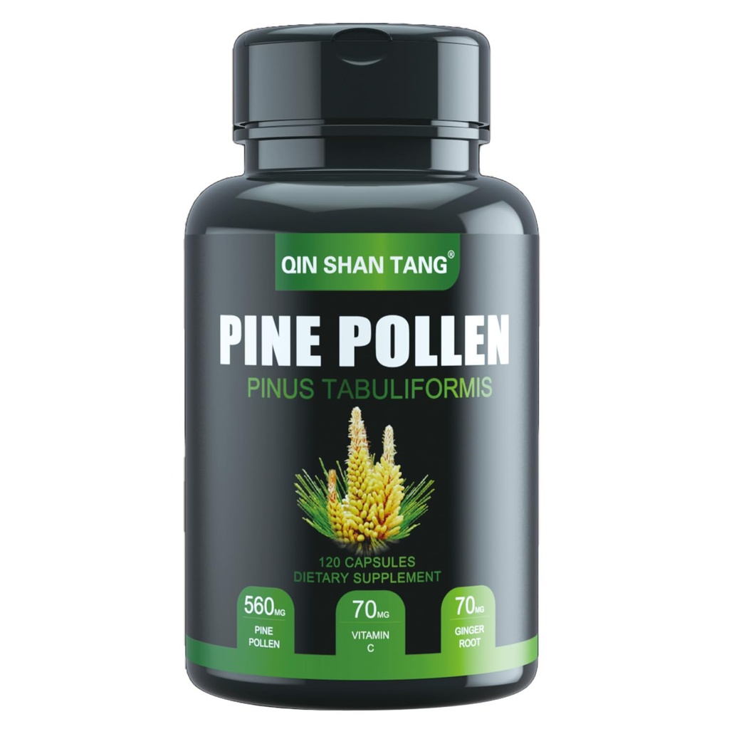 Pine Polen Supliment wtih Ginger Root and Vitamina C, 99% Cracked Cell Wall,120 Veggie Capsule,Focus & Imbunatatire imuna pentru femei si barbati
