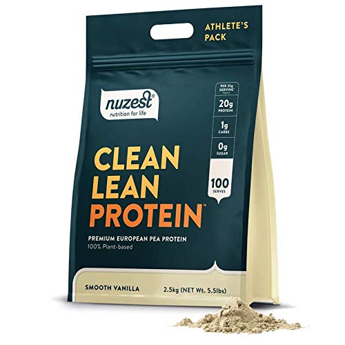 Nuzest - Pudră de proteine pe bază de mazăre - Proteină cu conţinut curat de lean, Praf de proteine pe bază de plante din Vegan Premium, Dairy Free, Gluten Free, GMG Free, Shake de proteine, Vanilie netedă, 100 Serviri, 5,5 lb