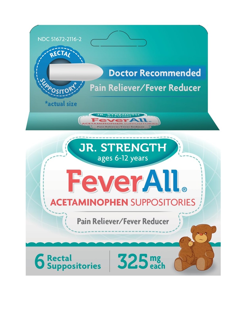 Feverall Copii Acetaminofen Sa presupuneri 6 Rectal Sa presupuneri 325 mg Fiecare durere Reliever / Reductor Fever. Paraben gratuit, fără culori artificiale sau alți conservanți. Vârsta 6-12 ani