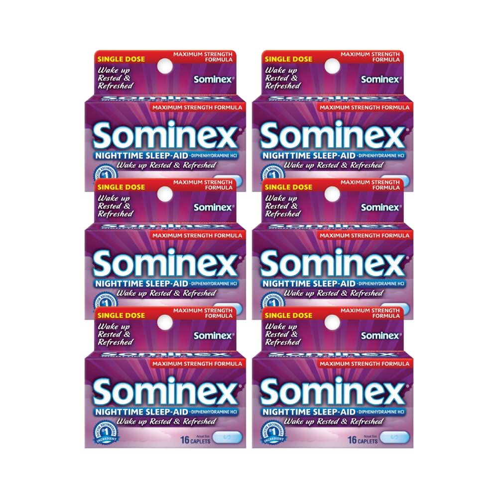 Sominex Caplete de somn pe timp de noapte, Putere maximă, 16 ea (Pachet de 6)