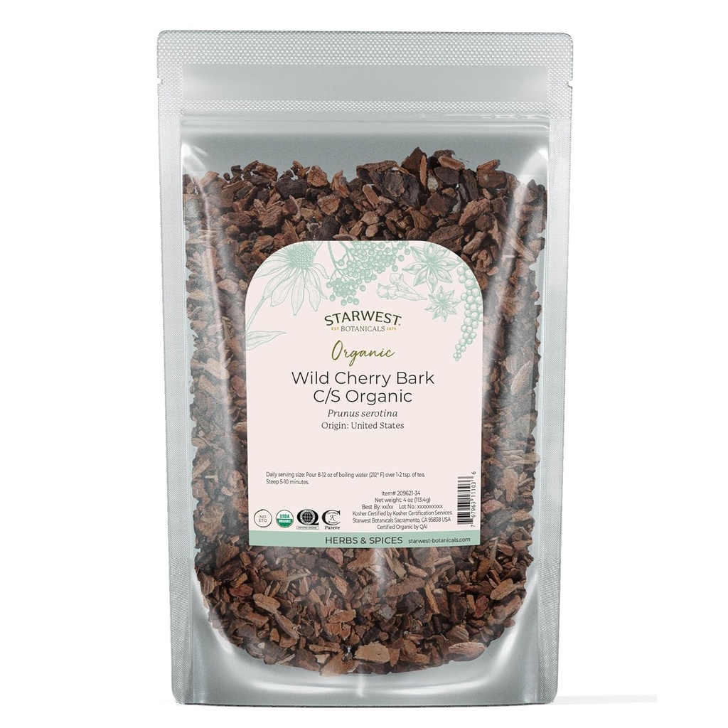 Starwest Botanicals Wild Cherry Bark Organic - Deshidratat Leaf Herb for Tea, Syrup, & Natural Herbal Blends, Prunus Serotina, Cut & Sifted, Certified Kosher, Non-GMO - 4 oz Pouch