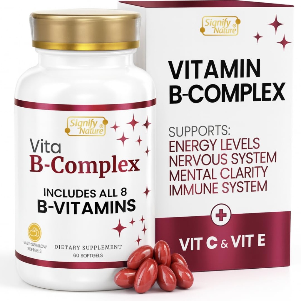 SEMNIFY NATURA VitaBComplex cu vitamina C și E, B Complex Vitamine pentru femei și bărbați, BComplex Suplimente, B1, B2, B3, B5, B6, B8, B9, B12, Super B Softgels - 60 CT