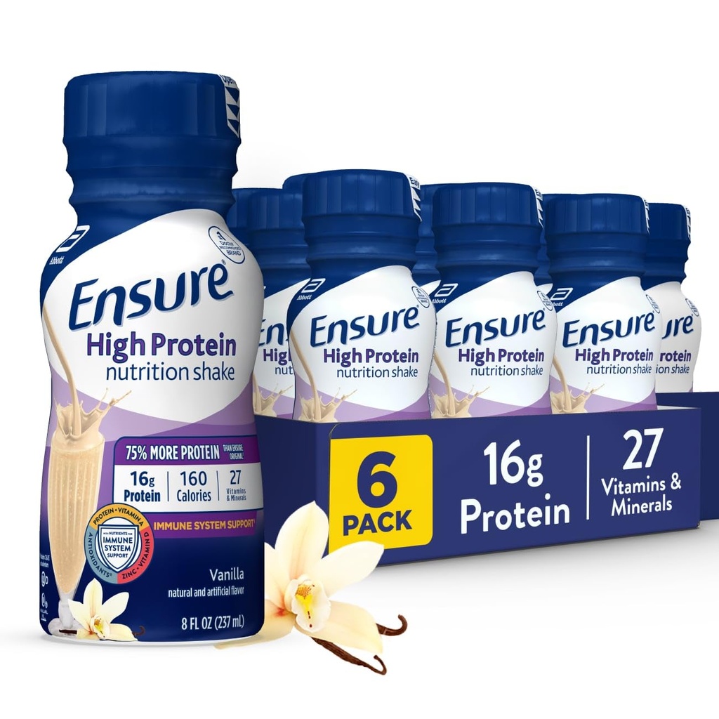 Asigurați mare proteine Vanilla Nutriție Shake cu fibre, gata de băut, 16g proteine și 27 vitamine și minerale, 8 fl oz, 6 ambalaj