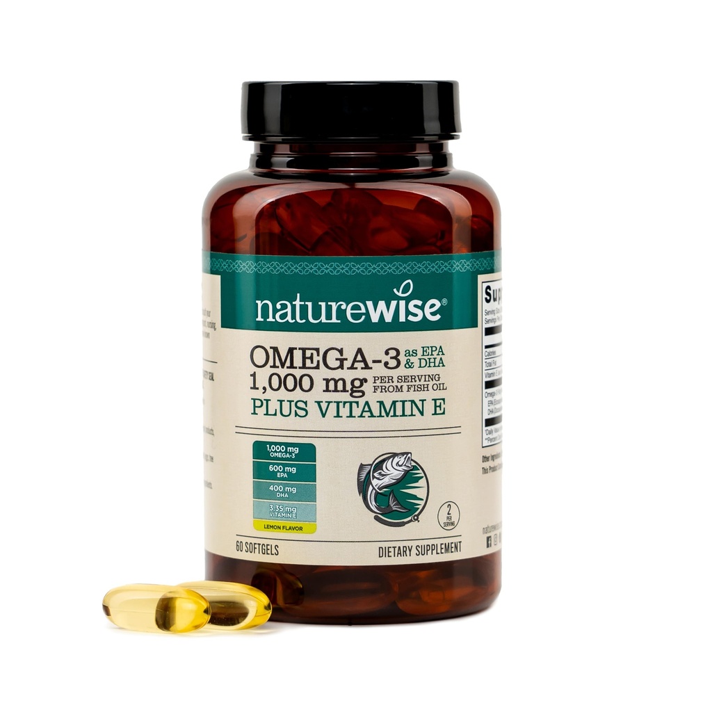 NatureWise Extra-Forngth Omega 3 Suplimentul de ulei de pește - 1000 mg per Serving - 600 EPA & 400 DHA și vitamina E - Sprijin pentru Heart & Brain Health - Aroma de lamaie, fără OMG-uri - 60 Softgels