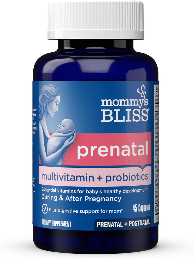 Bliss Multivitamine prenatale pentru mami + Probiotic pentru femei w/ Acid folic, susţine dezvoltarea copilului şi digestia mamei w/ zinc, vitamina B6 & B12, Ginger & Choline, Vegan & Gluten Free (45 Servings)