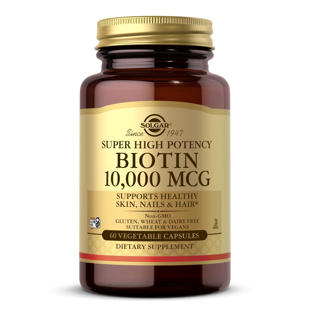 Solgar Biotin 10.000 mcg, 60 capsule vegetale - energie, metabolism, promovează sănătos piele, unghii & păr - super mare potenta - non-GMO, Vegan, gluten gratuit, lactate gratuit, Kosher - 60 serviri