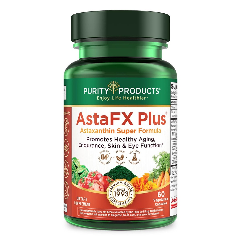 Produse de puritate AstaFX Plus - Astaxanthin Super Formula - 30 zile de aprovizionare de suport rezistenta - Promoveaza sanatatea pielii - Sustine sanatatea vizuala - pana la 6,000 de ori mai puternic decat vitamina C