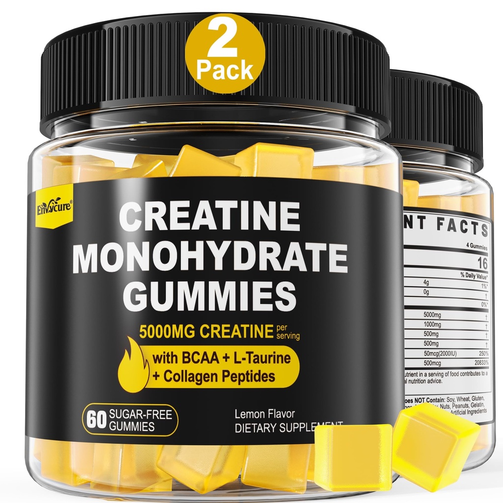Creatină Monohidrat Gummie pentru bărbaţi şi femei - cu BCAA, Colagen Peptide, L-Taurină, Vitamina B12, D3, Mesteci Creatina Monohidrat 5g Per Servire, Aroma de lămâie naturală, Zahăr fără, 2 Pack