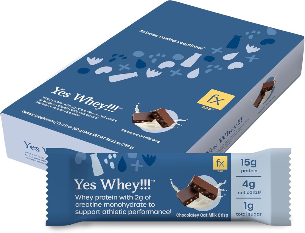 Fx Yes Whey Bar - 15g Bar de proteine Whey Whey cu Creatine pentru a sprijini musculare, energie și performanță maximă - 1g zahăr + 4g carbohidrați nete - Soy-Free Ciocolată de ovăz lapte Crisp Flavor Proteina Snack (12 Baruri)
