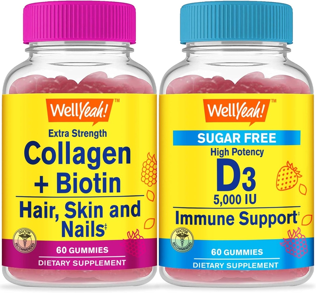 Ei bine, Colagen+Biotina + Vitamina D3 5000 UI Zahăr gratuit, Gume Bundle - Mare Tasting, Suplimentul de vitamine, Gluten gratuit, OMG-uri Gratuit, Guma de mestecat