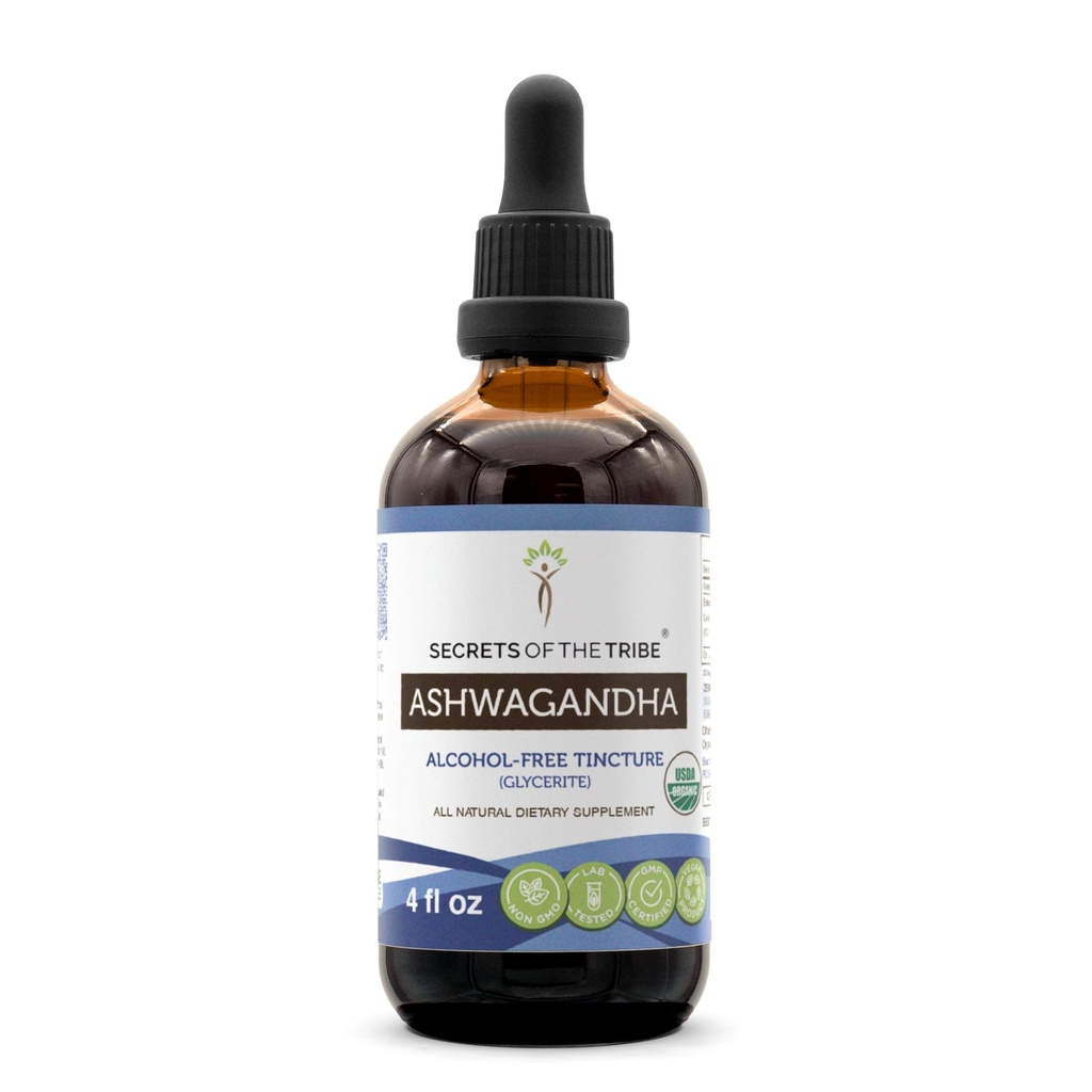 Ashwagandha USDA Extract organic de tinctură fără alcool, Ashwagandha Withania Somnifera Anti-Stres și relaxare 4 OZ