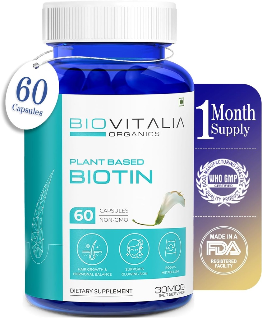 Pe bază de plante Pure Biotin Supliment capsule- Suport unghii mai puternice și creșterea părului îmbogațit cu Sesbania Grandiflora semințe de floarea-soarelui Amla Beetroot & Spanac - 60 Veg capsule