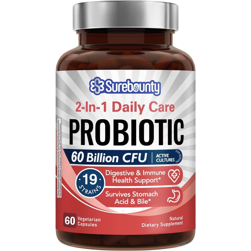 Probiotice 60 Miliarde CFU 19 Tulpini pentru bărbați și femei, cu 100mg Prebiotic, Perioada de valabilitate Stable, 2-in-1 Zilnic Care Probiotic, Non-GMO, Digestive & Immune Health, 60 Veggie Capsule