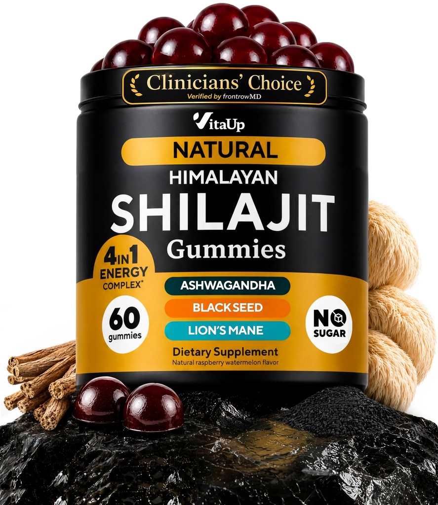 Himalayan Shilajit Gumies pentru barbati si femei - Shilajit pur pentru barbati Gummie - Suplimente de guma de zahar gratuit cu acid fuzelian - imbatranire sanatoasa, suport imun si energetic - 60 Conte