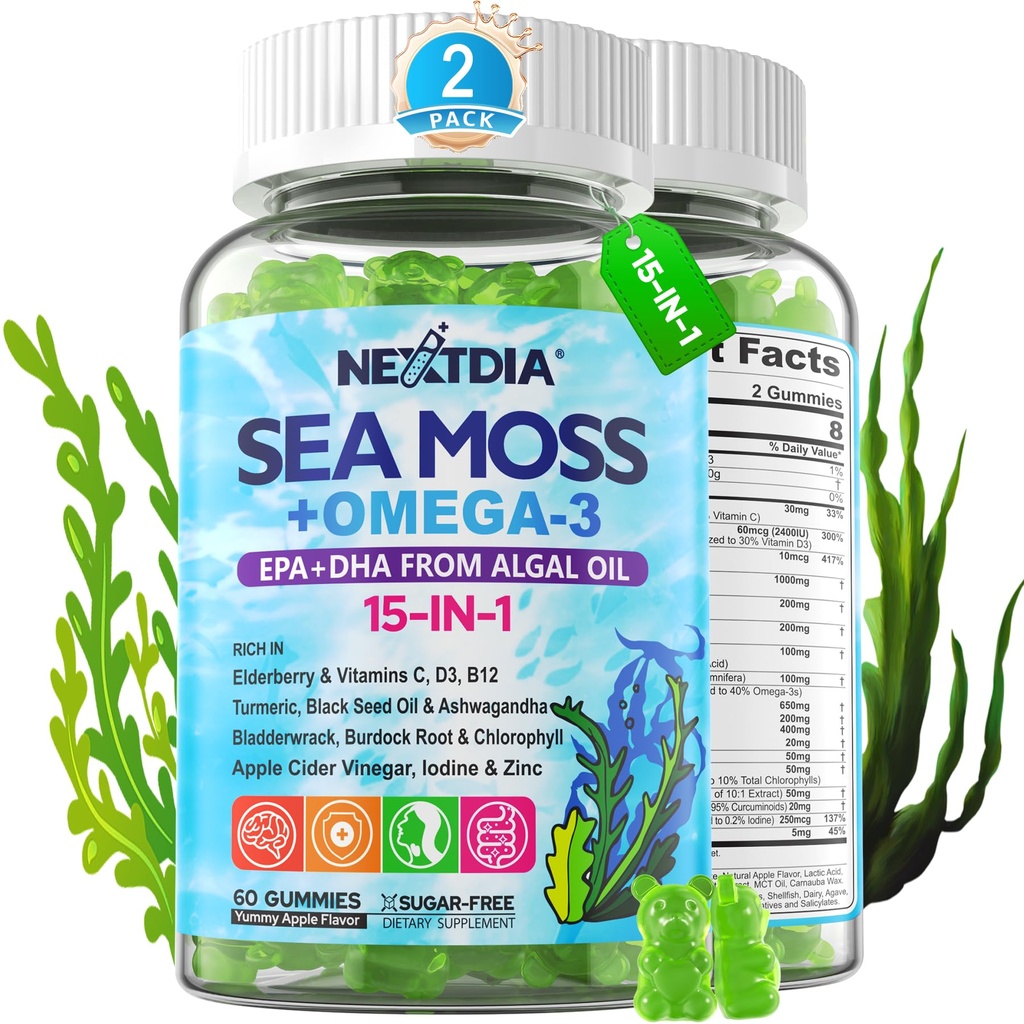 Sea Moss Gummies + Algae Omega-3 pentru adulți, 15-IN-1 Organic Irish Sea Moss Superfood cu/Vitamins C D3 B12, Turmeric, Bladderwrack, Suporturi de energie, creier, Imune, Daily Vitality, Sugar-Free, 120 Cts