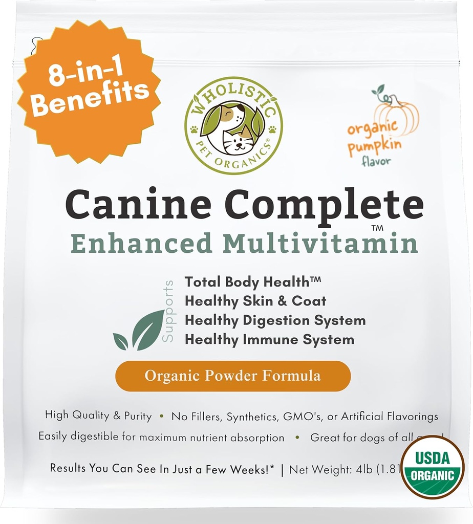 Wholistic Pet Organics Canine Complete - Dog Multivitamine Powder - 4 Lb - Daily Dog Vitamine si Suplimente pentru alimente de casă - Sistem imunitar, Piele, Haină & Sănătate generală - Rasă mică și mare
