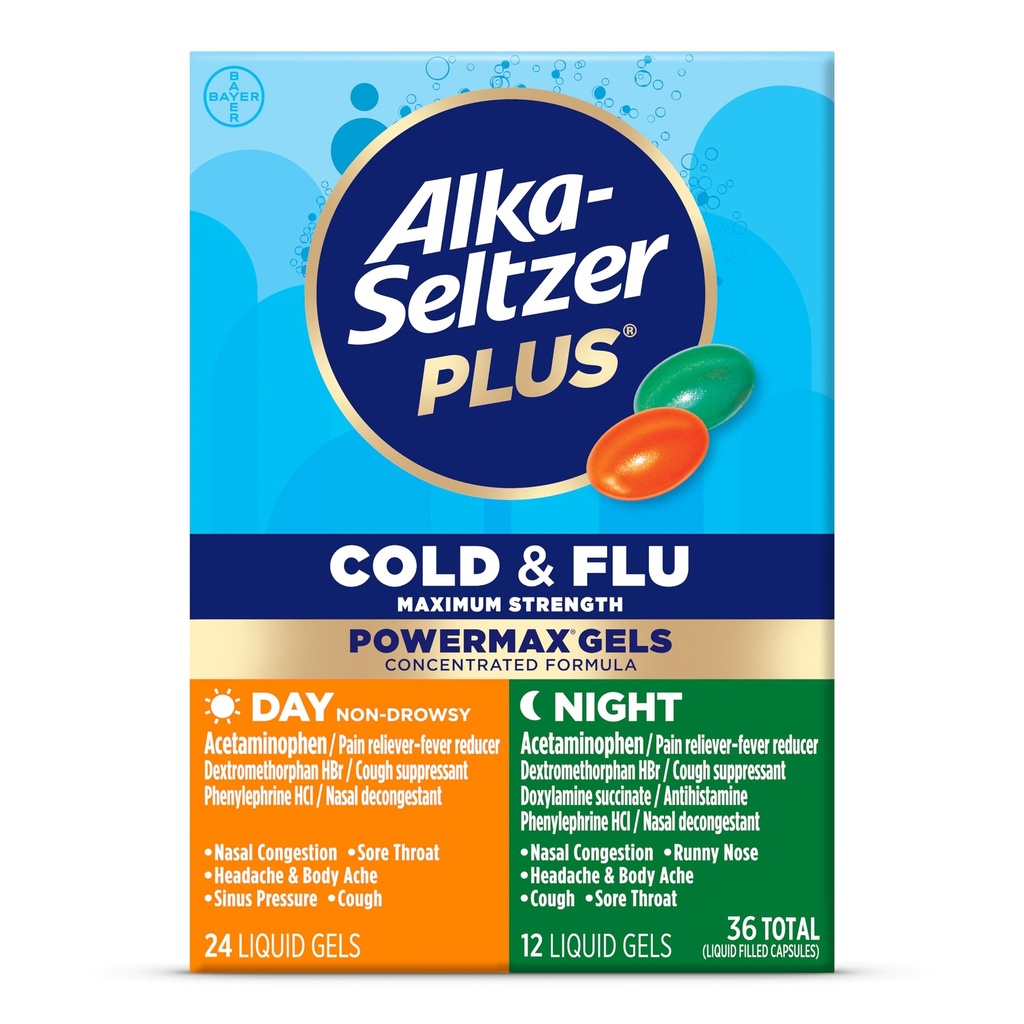 Alka-Seltzer Plus Putere Max Rece & Flu Ziua+Medicina de noapte: Tuse Suppressant, Rece și Flu Medicina pentru adulți și copii 12 ani și mai în vârstă, 36 Conte, Ambalaj mai Vary