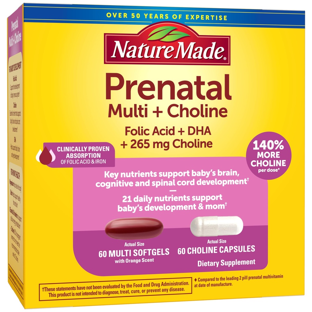 Natura făcut vitamine prenatale Softgels + capsule de colină, acid folic + DHA + colină, 60 vitamine prenatale pentru femei, 60 capsule de suplimente de colină, 60 zile de aprovizionare