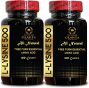 L-LYSINE 500 - Suplimentul natural de promovare a suportului de stres si a sistemului nervos de sanatate, L-Lysine HCl, aportul zilnic de lizina, Productia de energie, Aminoacid Vitamina Supliment - 2 sticle 200 conte