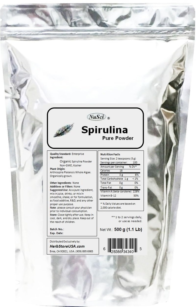 Spirulina organic crescut 100% pulbere pură 500g (1.1 lb) OMG-uri proaspete gratuit non-iradiate
