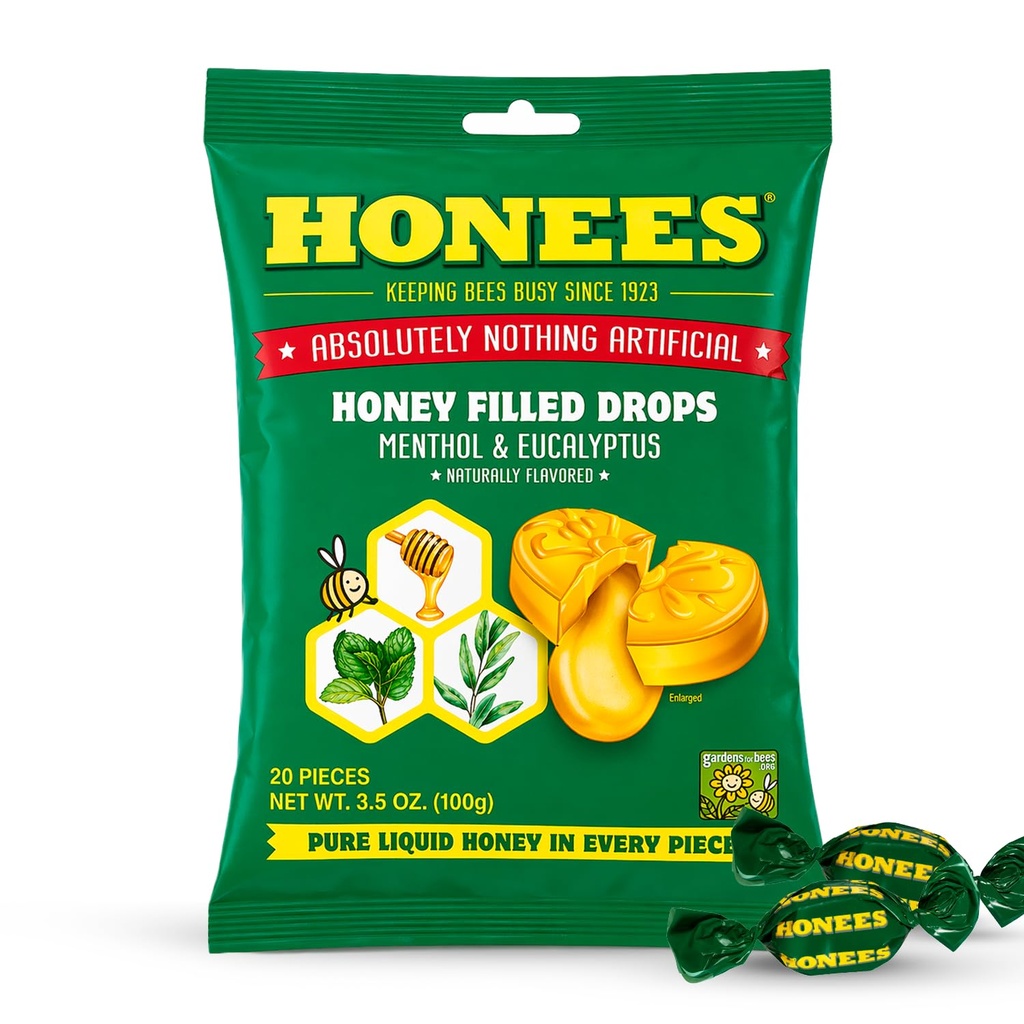 Honees Honey Menthol Cough Drops - 20-Piece, Pachet unic de miere-Filled Lozenges 