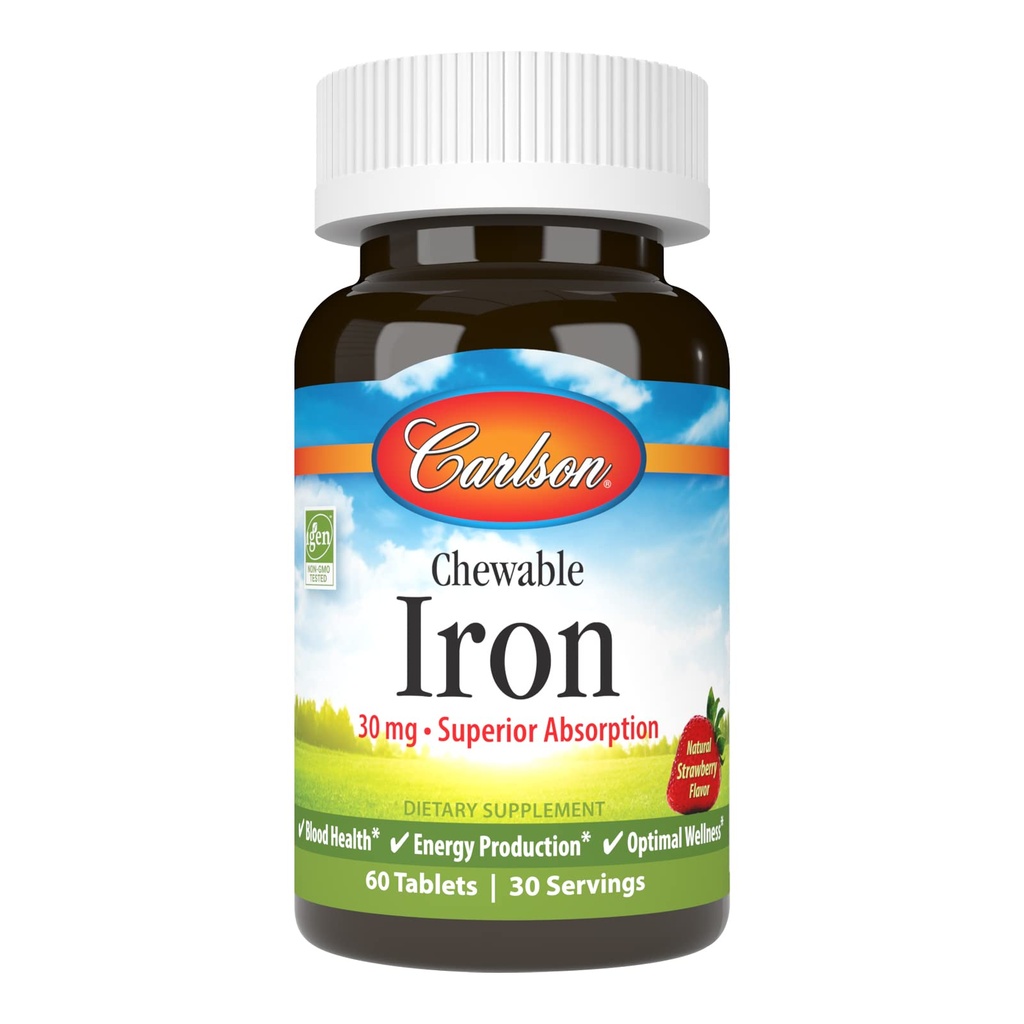 Carlson - Fier masticabil, 30 mg, Absorbţie superioară, Sănătatea sângelui, Producţia de energie şi wellness optimă, Aroma naturală de căpşuni, 60 comprimate