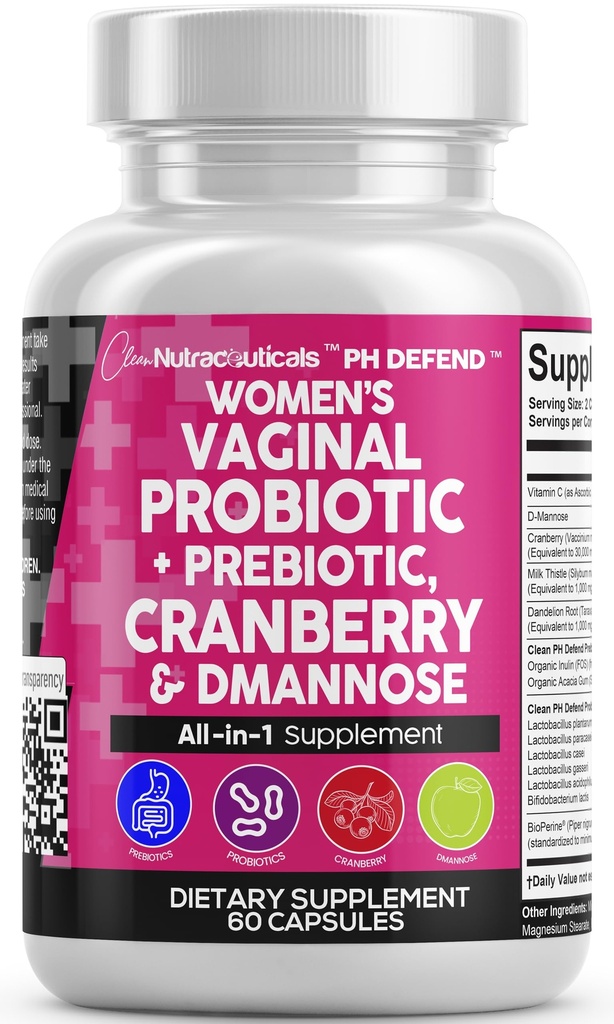 Curate Nutraceuticals Probiotice vaginale pentru femei cu cranberry, D-Mannose, Prebiotice, pH Balance Support, Feminine Health, Urinian Tract Cleanse 