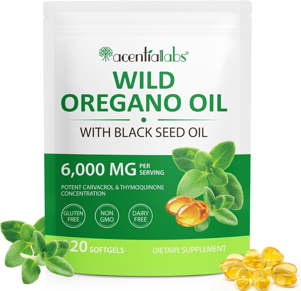 Ulei de Oregano cu ulei de semințe negru, Oil de Oregano Softgels 6000mg Per Serving,2 în 1 Formulat cu ulei de semințe negru 200mg,Organic Ulei de Oregano,Gluten Free,Dairy Free,120 Conte(1 Pachet)