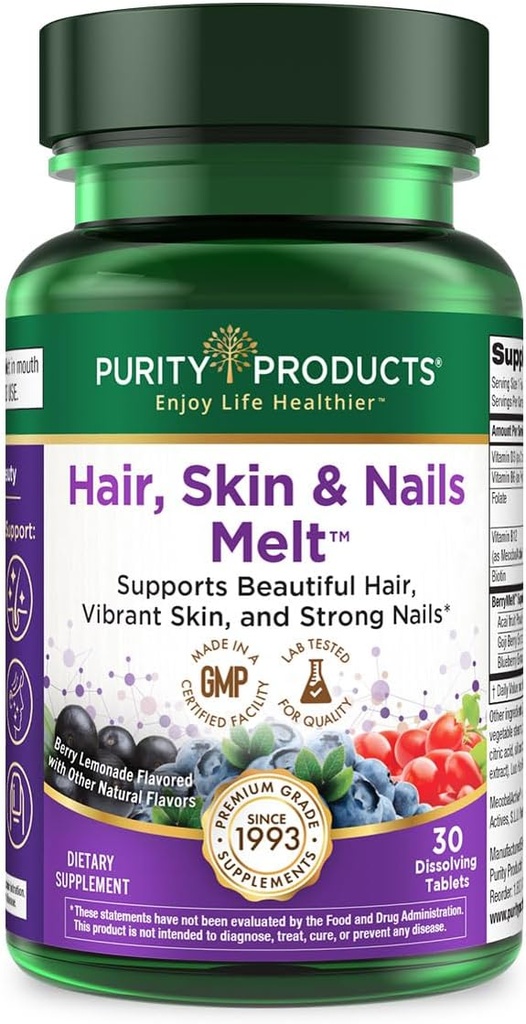 Produse de puritate Păr, Piele + Nails Melt 1000mcg B-12 + 2500mcg Biotin Energy Berry Melt - Delicious Berry Lemonade Flavor w/Super Fruits - B12 metilcobalamină - 30 comprimate de topire