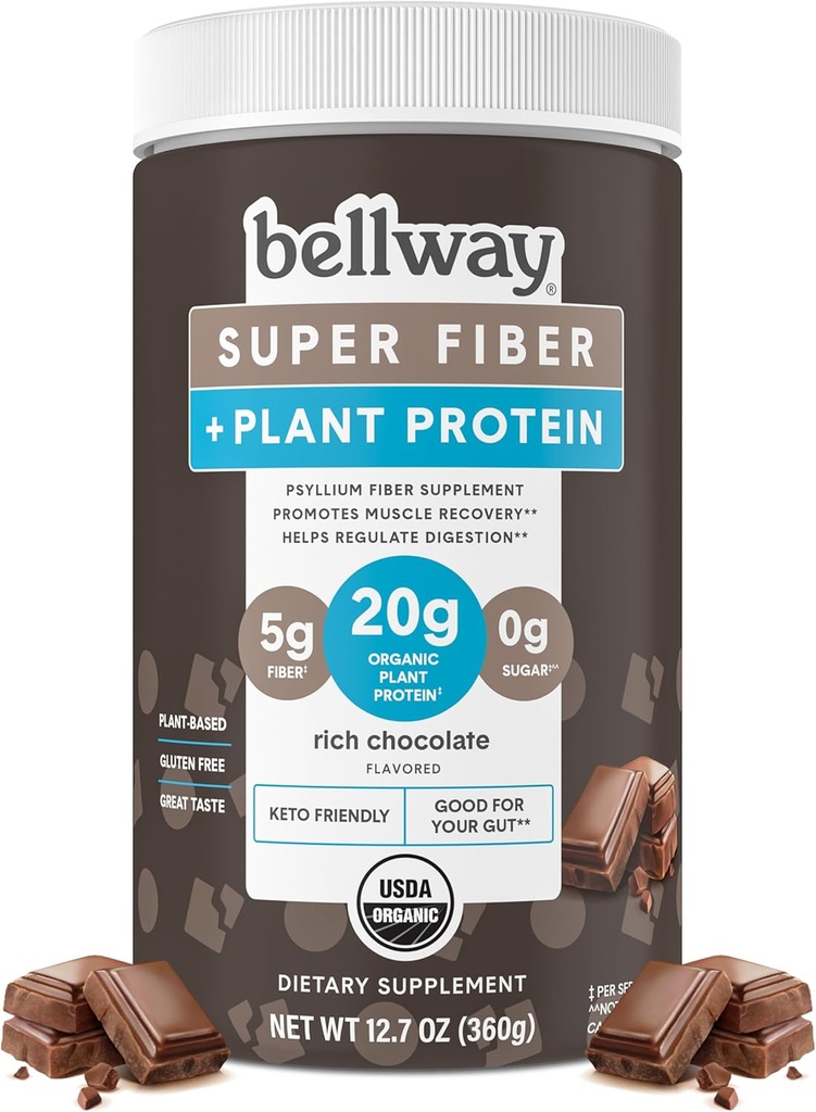 Bellway Super Fiber + Pulbere de proteine, Psilliu organic fără zahăr Psyllium Husk Fiber Supplement Powder cu 20g Proteina de plante Per Serving, Ciocolata bogata, 12,7 oz