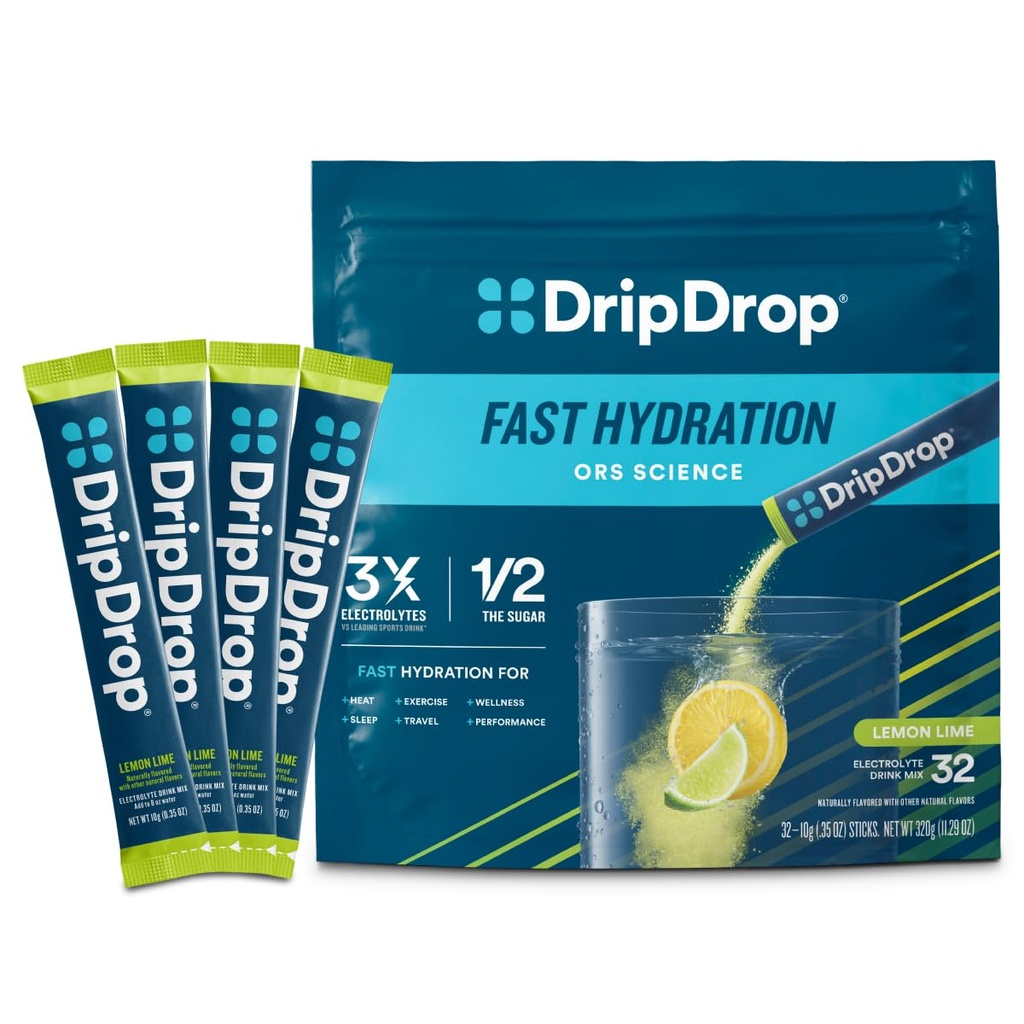 Pachete de hidratare dripDrop - Lămâie de lămâie - Lămâie de unică folosinţă Electroliţi pulbere Mix de băutură - non-GMO, gluten gratuit, Vegan - 32 Sticks