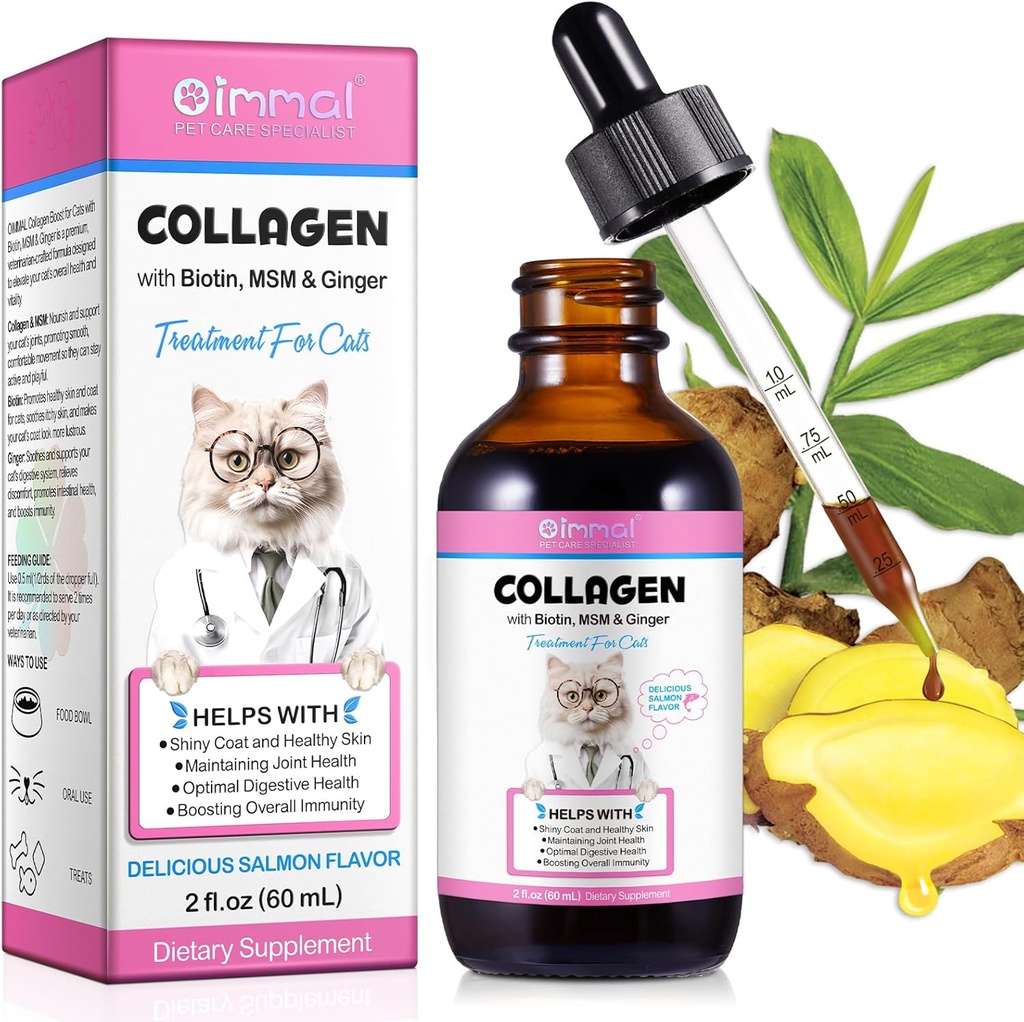 Colagen pentru pisici, Cat Colagen picături lichide pentru pisici cu Biotin, MSM & Ginger Digestive & Suport pentru imunitate, Itch Relief, Skin & Haină și sănătate comună, Cat Supliment 60ml