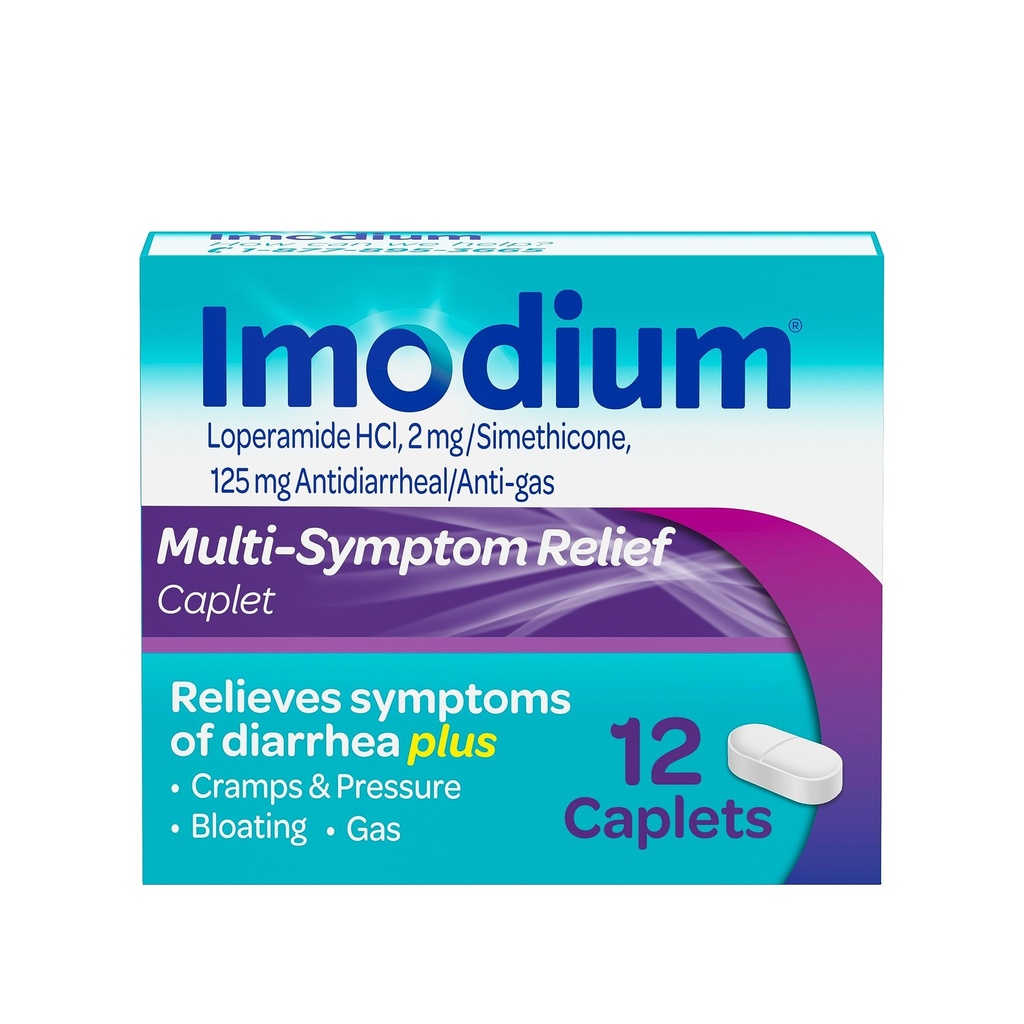 Imodium Multi-Simptom Relief Caplets, Loperamidă Hydrochloride & Simeticone Anti-Diareal Medicine for Relief of Diaree, Gas, Bloating, Crampe & Pressure, HSA/FSA eligibile, 12 ct