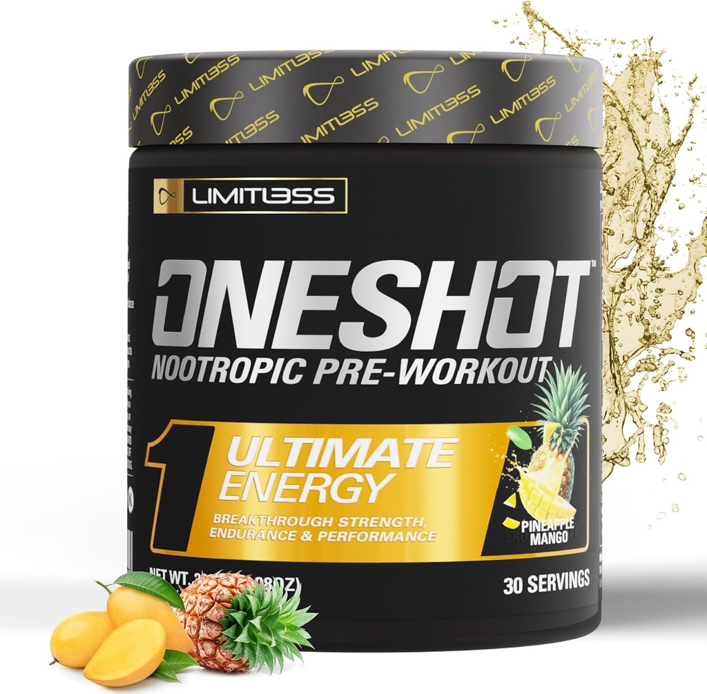 ONESHOT Pre Workout pulbere pentru bărbați și femei - BCAAS Aminoacidi Suplimentul pulbere, 200mg Cafeina, Beta Alanina pulbere, Citrulină Malate Preworkout pulbere - Ananas Mango - 30 Serviri