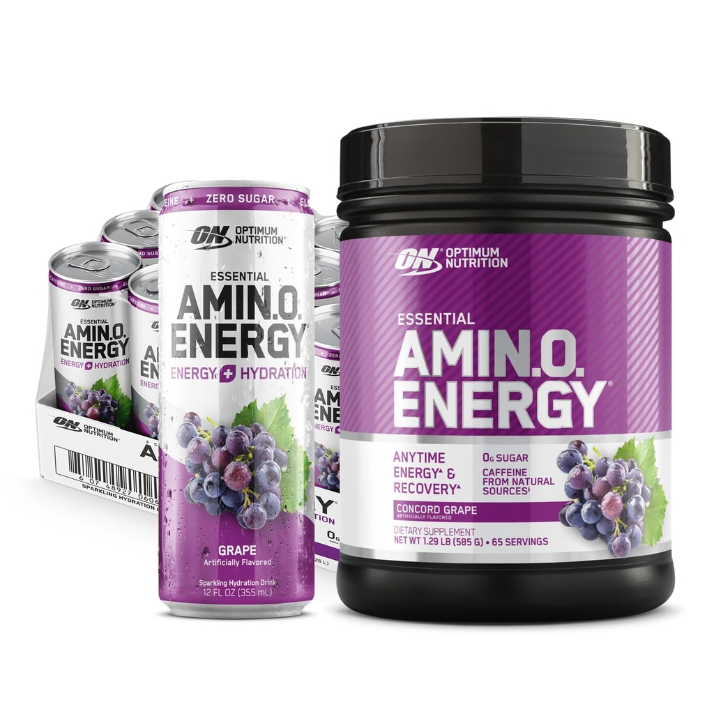 Optimum Nutrition Amino Energetic Powder: Concord Grape (65 Servings) with Essential Amino Energy Plus Electrolyes Sparkling Drink: Grape (12 Cans) - Bundle Pack