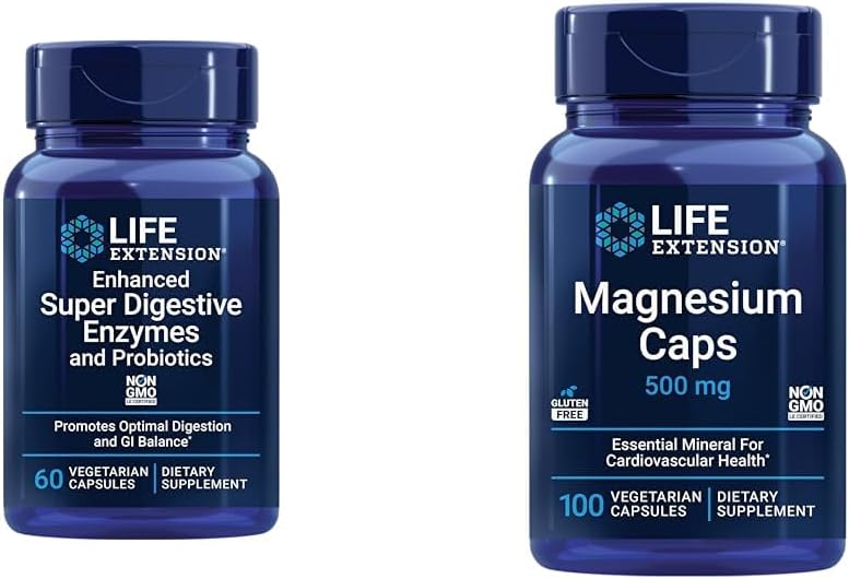 Extensie de viaţă 60 Capsule vegetariene Enzime super digestive îmbunătăţite & Probiotice şi 100 Capsule de magneziu pentru inimă, oase, suport metabolic
