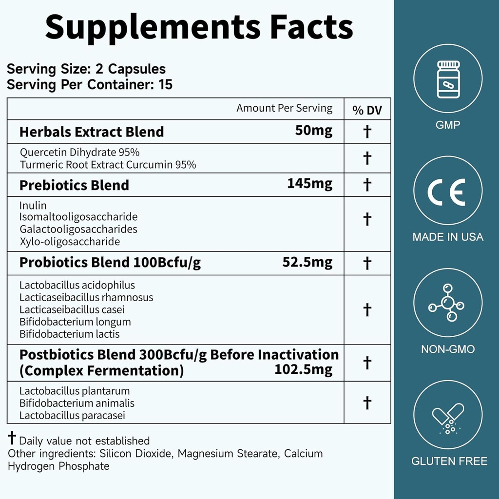 Probiotice Femeile Bărbaţii Gut Sănătate: Digestive Sănătate Suport Immuno Blooting Ajutor Perioada de valabilitate Tulpini stabile 35B CFU per capsulă Complex cu Prebiotice Postbiotice Querbetin & Curcumin Supliment alimentar